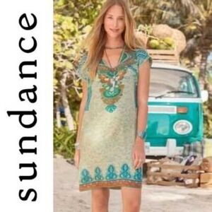 Sundance Silk Medallion Print Shift Dress Slip Turquoise Orange Boho XS Festival